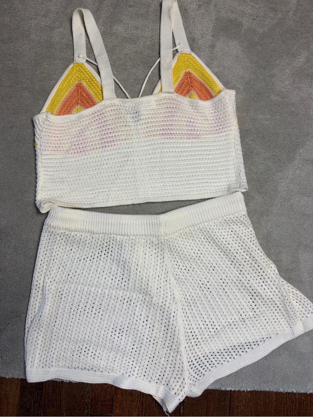 MADDEN NYC Y2K O-RING CROTCHET YELLOW WHITE SHORTS SET BEACH COMFY KNIT SIZE XL - Picture 3 of 4